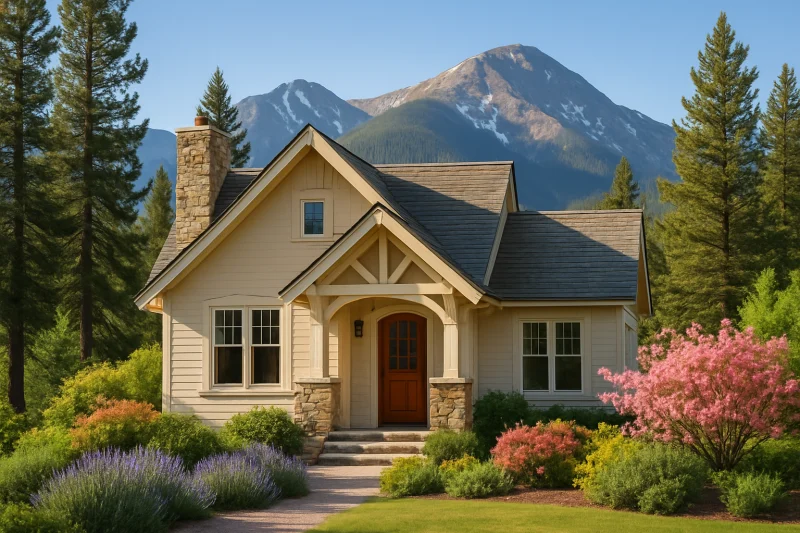 A beautiful, well-maintained cottage-style home with a soft beige light-colored exterior, Rocky Mountain style home, pine trees, mountain backdrop,...