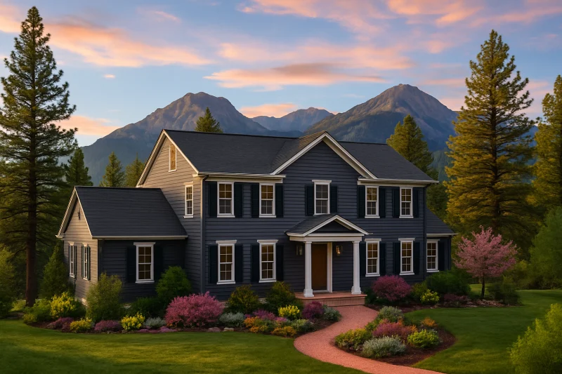 A beautiful, well-maintained colonial-style home with a charcoal painted siding exterior, Rocky Mountain style home, pine trees, mountain backdrop,...