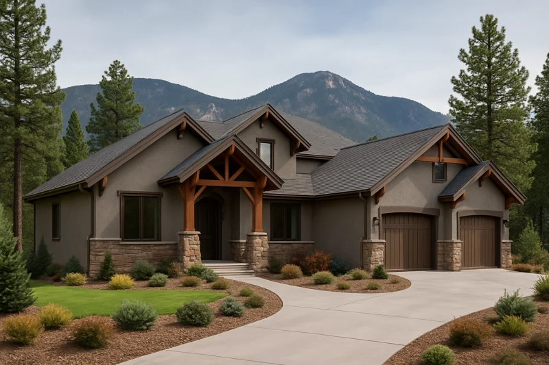 A beautiful, well-maintained newly-built home with a warm grey stucco exterior, Rocky Mountain style home, pine trees, mountain backdrop, clear blu...