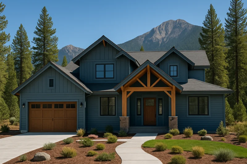 A beautiful, well-maintained newly-built home with a muted blue-grey painted siding exterior, Rocky Mountain style home, pine trees, mountain backd...