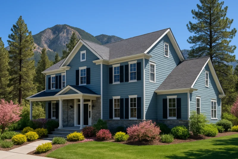 A beautiful, well-maintained colonial-style home with a muted blue-grey stone-accented exterior, Rocky Mountain style home, pine trees, mountain ba...